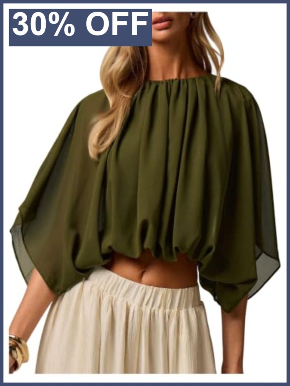 Chiffon Blouse Dolman Half Sleeve Pleated Bubble Hem Crop Top